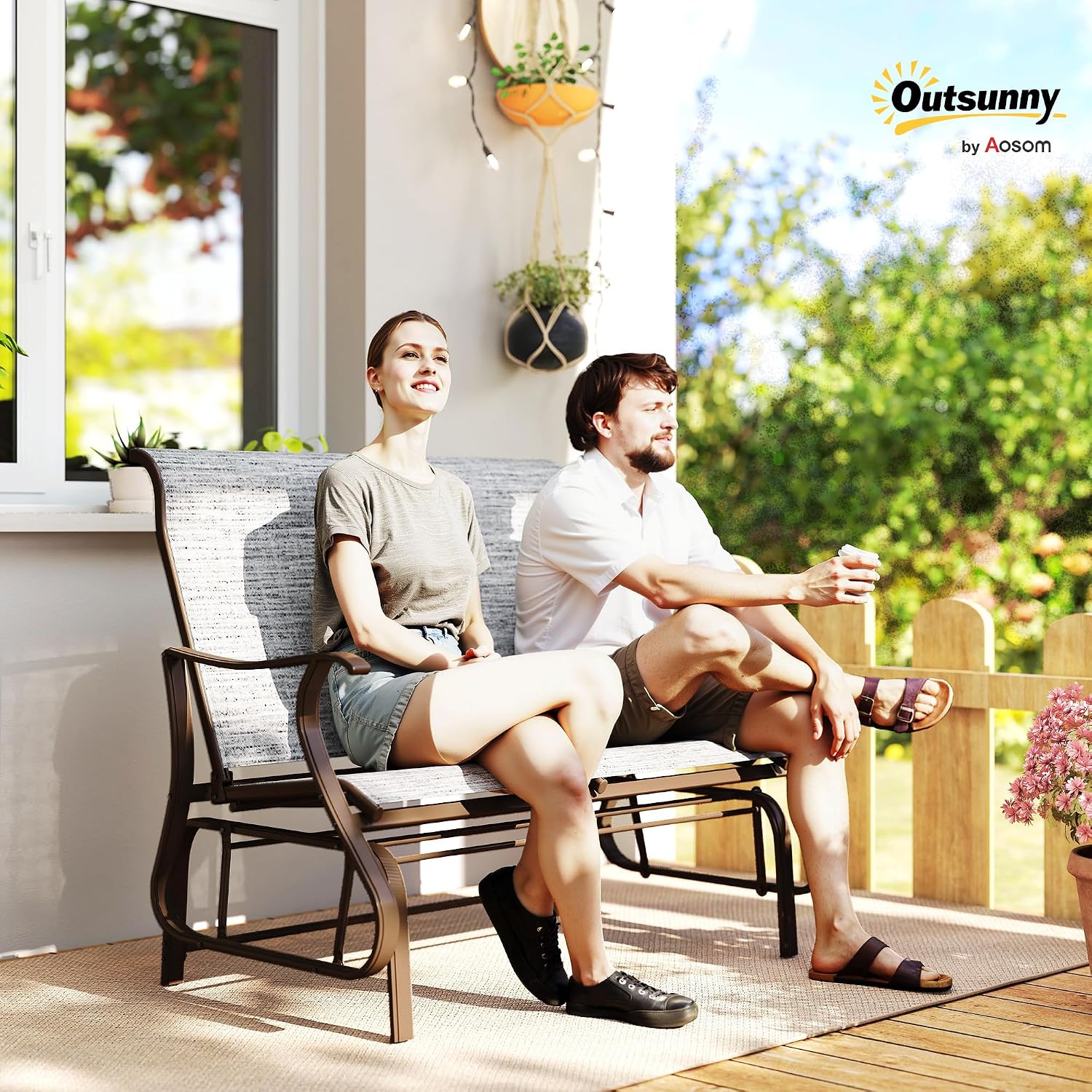 Outsunny 2-Person Outdoor Glider Bench, Patio Glider Loveseat Chair with Powder Coated Steel Frame, 2 Seats Porch Rocking Glider for Backyard, Lawn and Garden, Mixed Gray