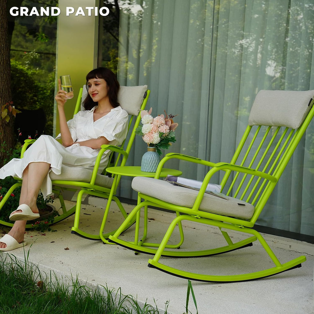 Grand patio Rocking Chair Outdoor, Bistro Table and Chairs Set, Steel Rocking Chairs with Cushions and 18-inch Coffee Table, Outdoor Bistro Set for Patio Porch Deck, Lime Green