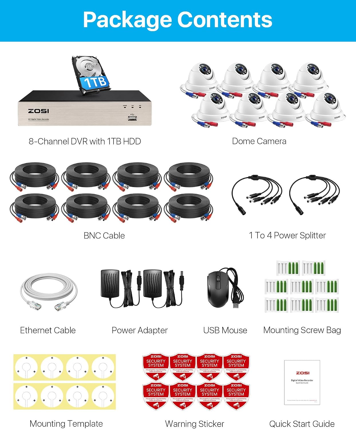 ZOSI 8CH Home Security Camera System Outdoor Indoor,H.265+ 8Channel 1080P DVR with 1TB HDD,8pcs Weatherproof Surveillance CCTV Dome Cameras,Night Vision,Motion Detection,for 24/7 Recording