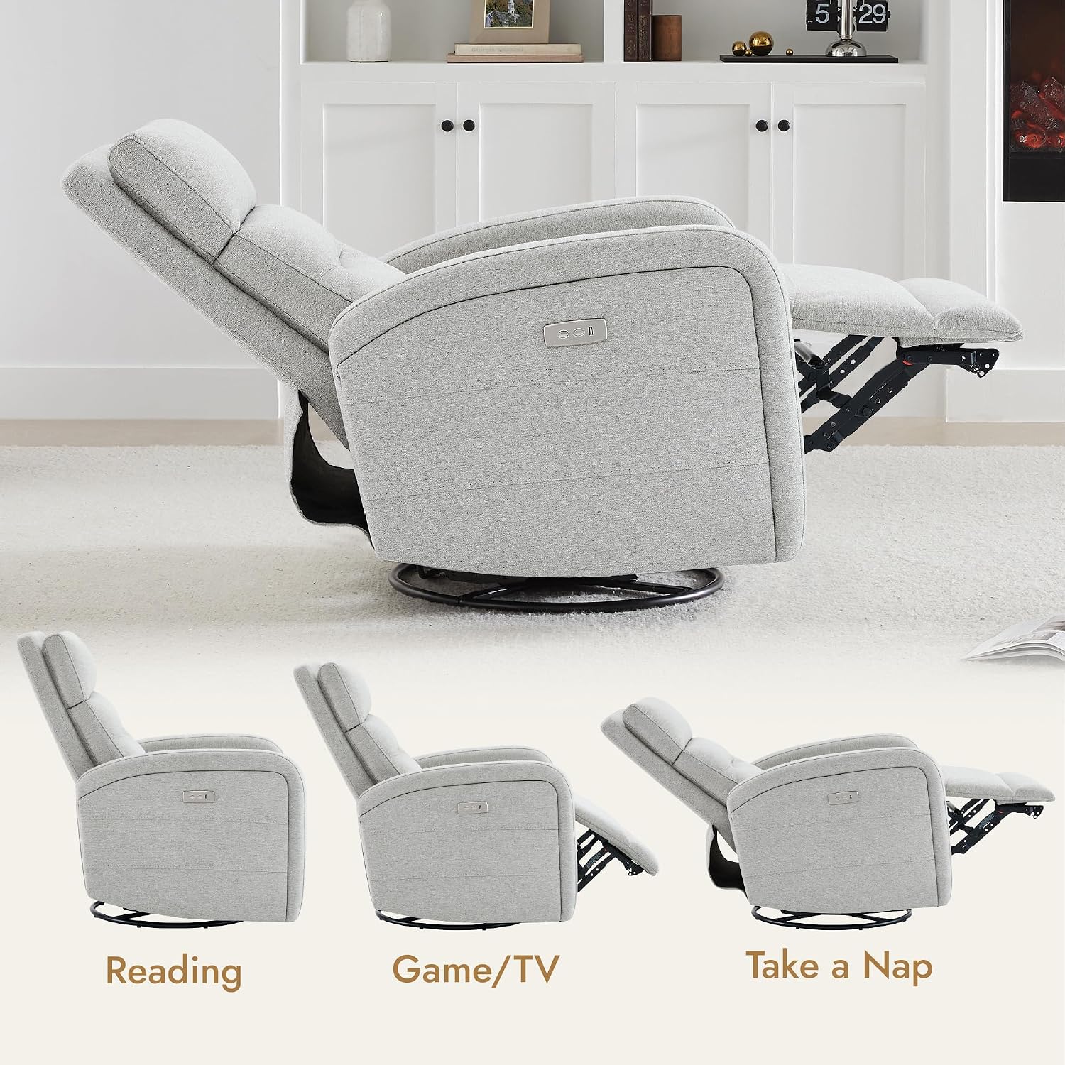 Watson & Whitely Swivel Power Recliner Glider Rocker, Small Recliner with Charging Port for Living Room, Fabric in Dove Grey