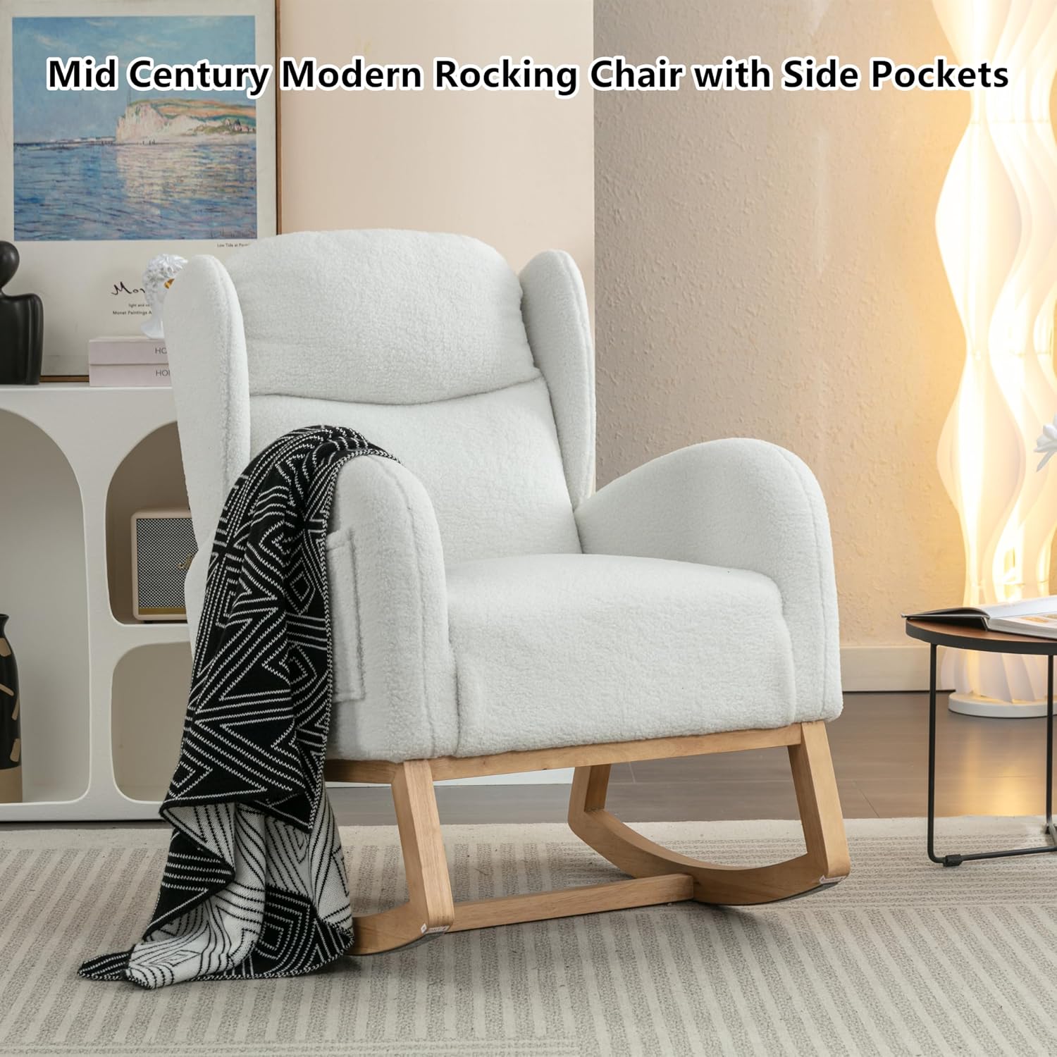 Setawix Teddy Rocking Glider Chair for Nursery,Upholstered Living Room Rocker Arm Chair,Leisure Sherpa Wingback Armchair,Mid Century Modern Rocking Accent Chair with Side Pockets (Wingback Ivory)