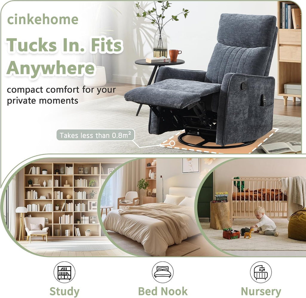 cinkehome Heated Massage Swivel Rocker Recliner Chair for Nursery - Small Space Reclining Chair with Lumbar Support, 360° Swivel & Gentle Rocking, Ergonomic High Back Chenille Fabric Blue