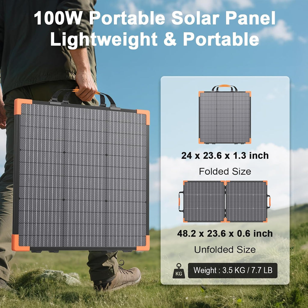 100 Watt Bifacial Portable Solar Panel for Power Station, 20V Foldable Solar Charger with IP68 Waterproof, 23.5% High Efficiency with 2 Reinforced Kickstands for Camping RV Off-Grid Blackouts
