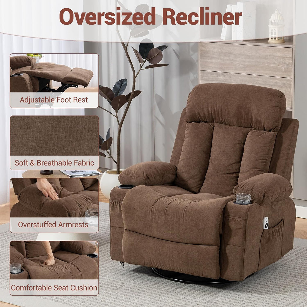 Swivel Recliner Chair for Adults w/Vibration Massage and Heating, 360° Rocker Glider Recliner w/Cup Holder and USB Charge Port for Living Room, Bedroom, Brown