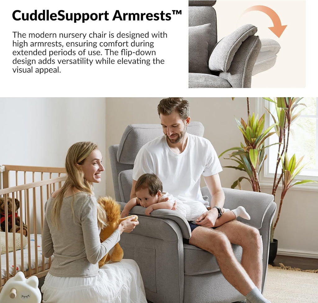 HULALA HOME Nursery Glider Recliner with Adjustable Headrest and Armrests, Modern Power Swivel Rocker Recliner Chair with USB Port and Storage Bags, GREENGARD, FSC, CertiPUR-US® Certified, Ash