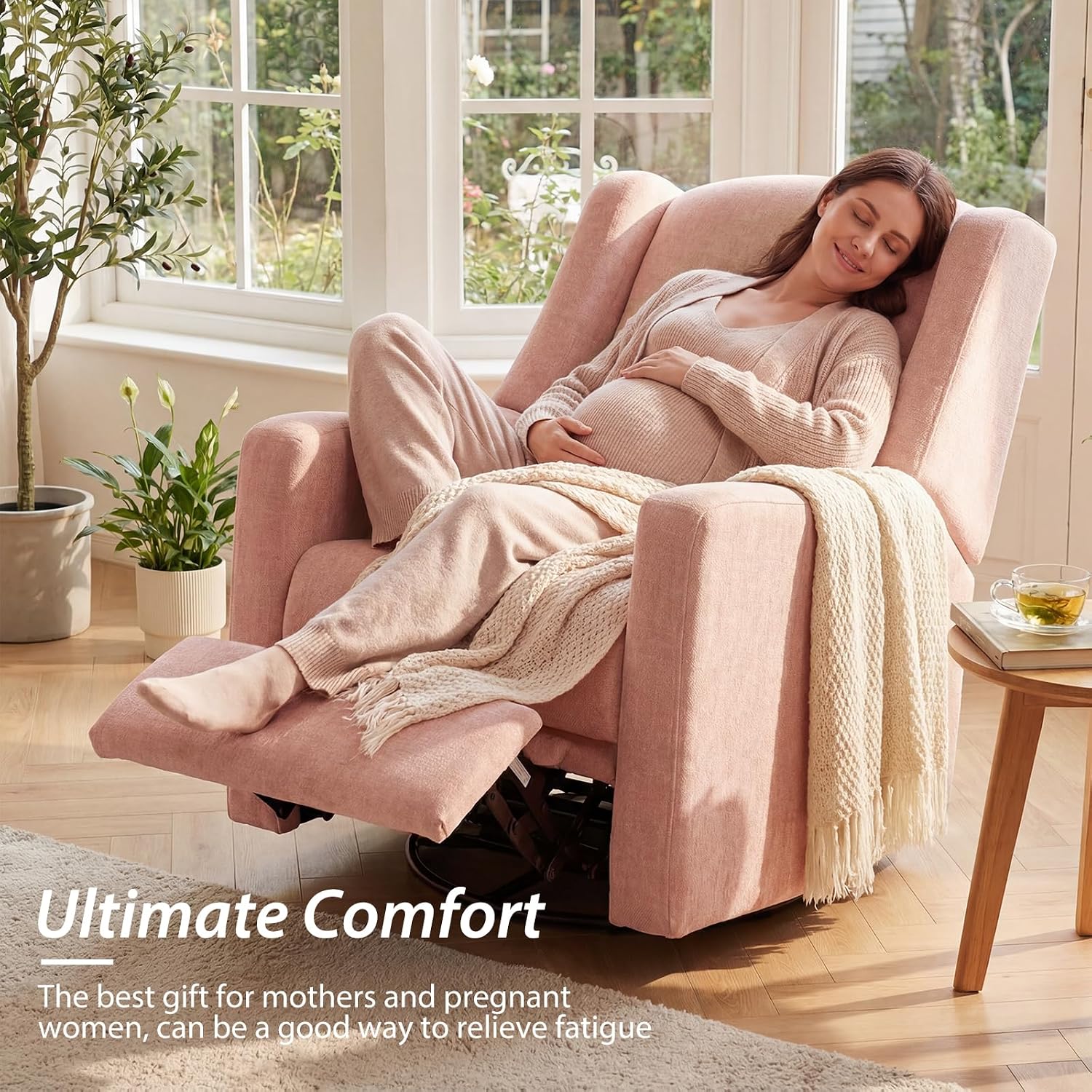 Power Glider Recliner Nursery Chair w/USB Ports, Soft Chenille Glider Rocking Chair for Nursery, Swivel Glider Chair with Lumbar Pillow for Living Room, Pink