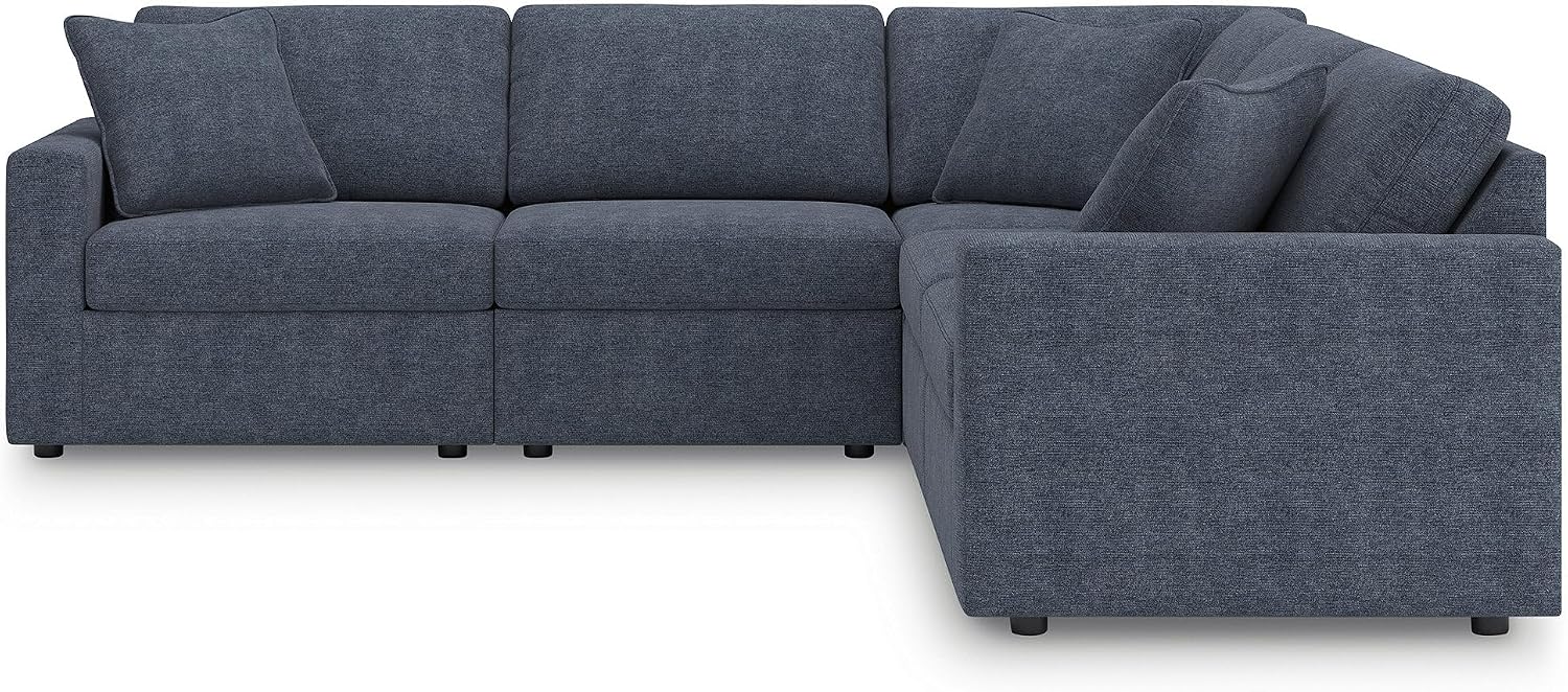 Signature Design by Ashley Modmax Contemporary Stain Resistant 5-Piece Sectional with Armrest, Throw Pillows and Reversible Cushions, Blue