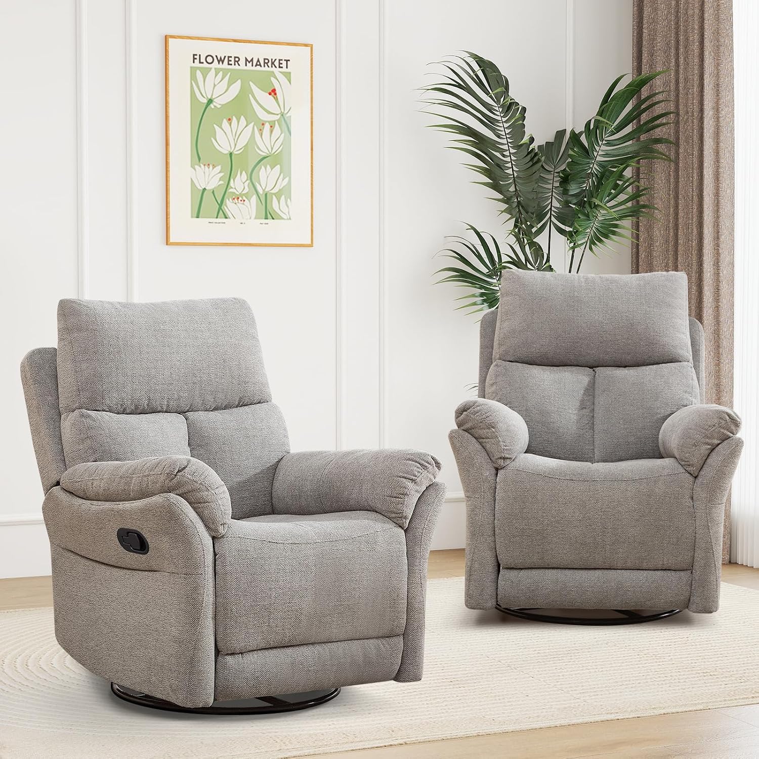 ANJ Swivel Rocker Recliner Chair Set of 2, Manual Fabric Glider Nursery Recliner Chair, Single Rocking Modern Sofa Home Theater Seating for Living Room, Nursery (Silver)