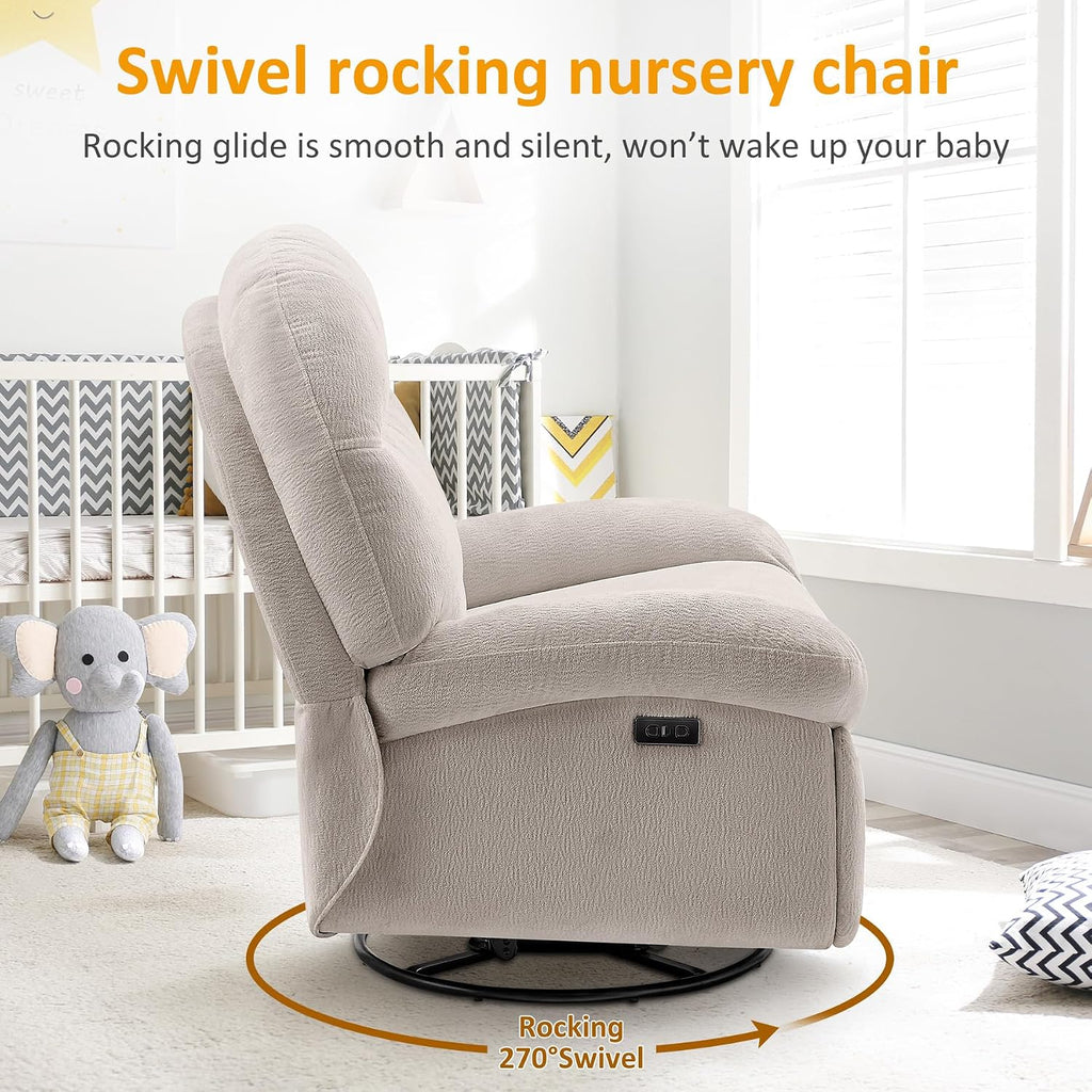 VANOMi Power Recliner Chair with USB & Type-C Charging, 270° Swivel Glider Rocker, Electric Nursery Recliner for Living Room, Bedroom, and Office, Camel