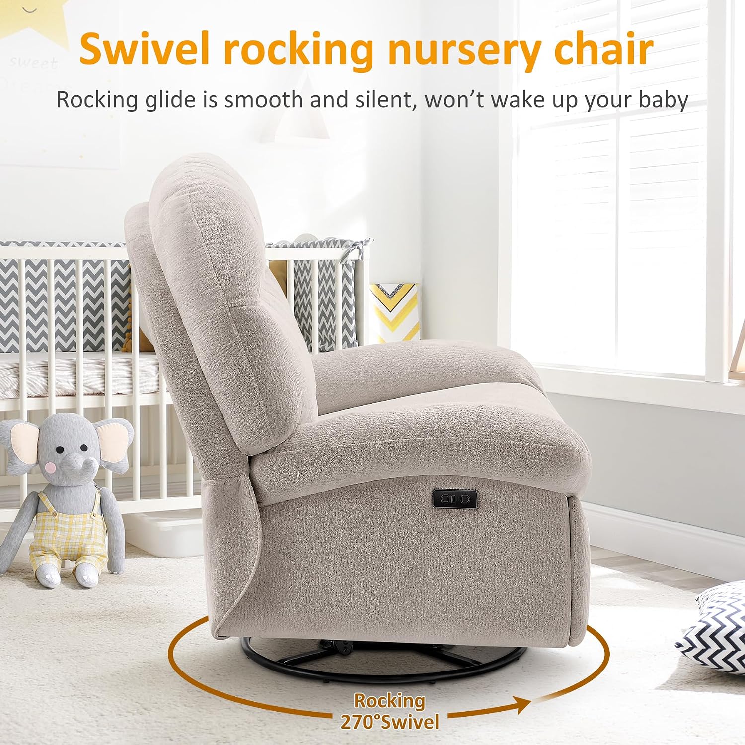 VANOMi Power Recliner Chair with USB & Type-C Charging, 270° Swivel Glider Rocker, Electric Nursery Recliner for Living Room, Bedroom, and Office, Camel