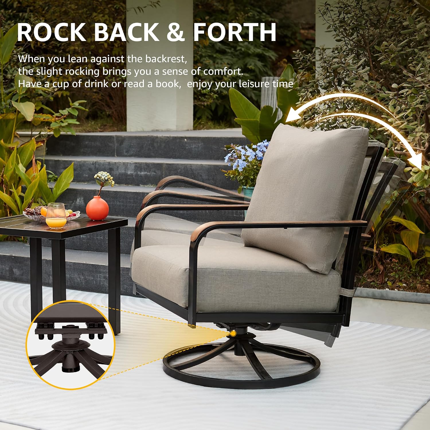 NATURAL EXPRESSIONS Outdoor Bistro Set, 3 Piece Patio Swivel Glider Rocking Chairs Patio Conversation Furniture Set with 2 Rockers,Metal Table, 6' Thick Cushions for Backyard,Porch,Balcony,350lbs