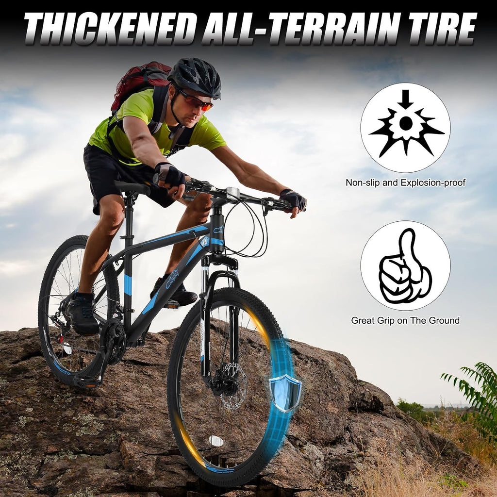CamPingSurvivals 26/27.5' Mountain Bike 21 Speed Bikes for Adults, Men & Women Mountain Bike with High Carbon Steel Frame, All-Terrain Tires, Double Disc Brake and Suspension Fork