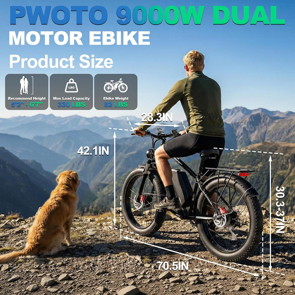 Dual Motor Ebike 9000W Peak with 58V Max-Output 36AH Battery for Adults 24' Fat Tire Smart Display 47MPH 35-105Miles Electric Bike with Frame Bag for Travel