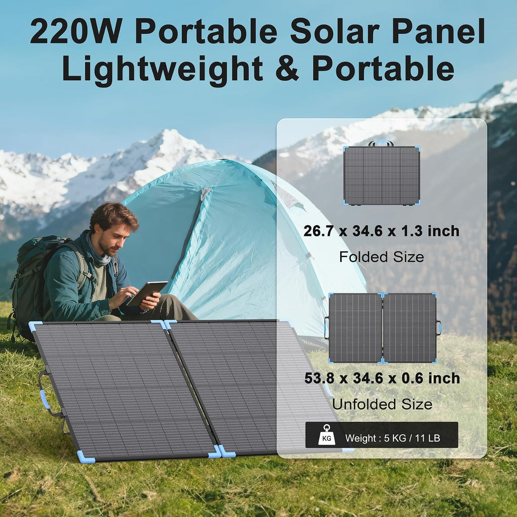 220W Bifacial Portable Solar Panel for Power Station, 23.5% High Efficiency ETFE Foldable Solar Charger for Camping Essentials,IP68 Waterproof 2 Reinforced Kickstands for RV Off-Grid Blackouts