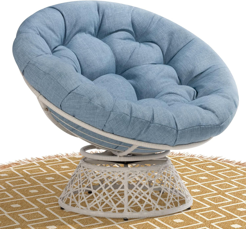 Bme 40' Ergonomic Wicker Papasan Chair with Soft Thick Density Fabric Cushion, High Capacity Steel Frame, 360 Degree Swivel for Living, Bedroom, Reading Room, Lounge, Serene Oasis - White Base