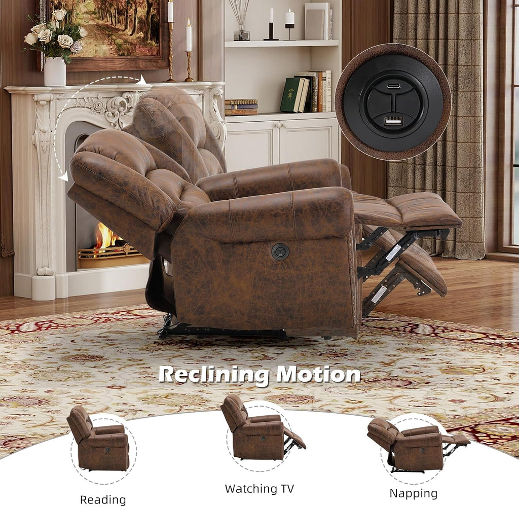 Bonzy Home Power Recliner Chair, Soft Faux Leather Recliner Chair with Thickened Padding and USB&Type-C Charging Ports, Classic Heavy Duty Single Reclining Sofa for Living Room, Nut Brown