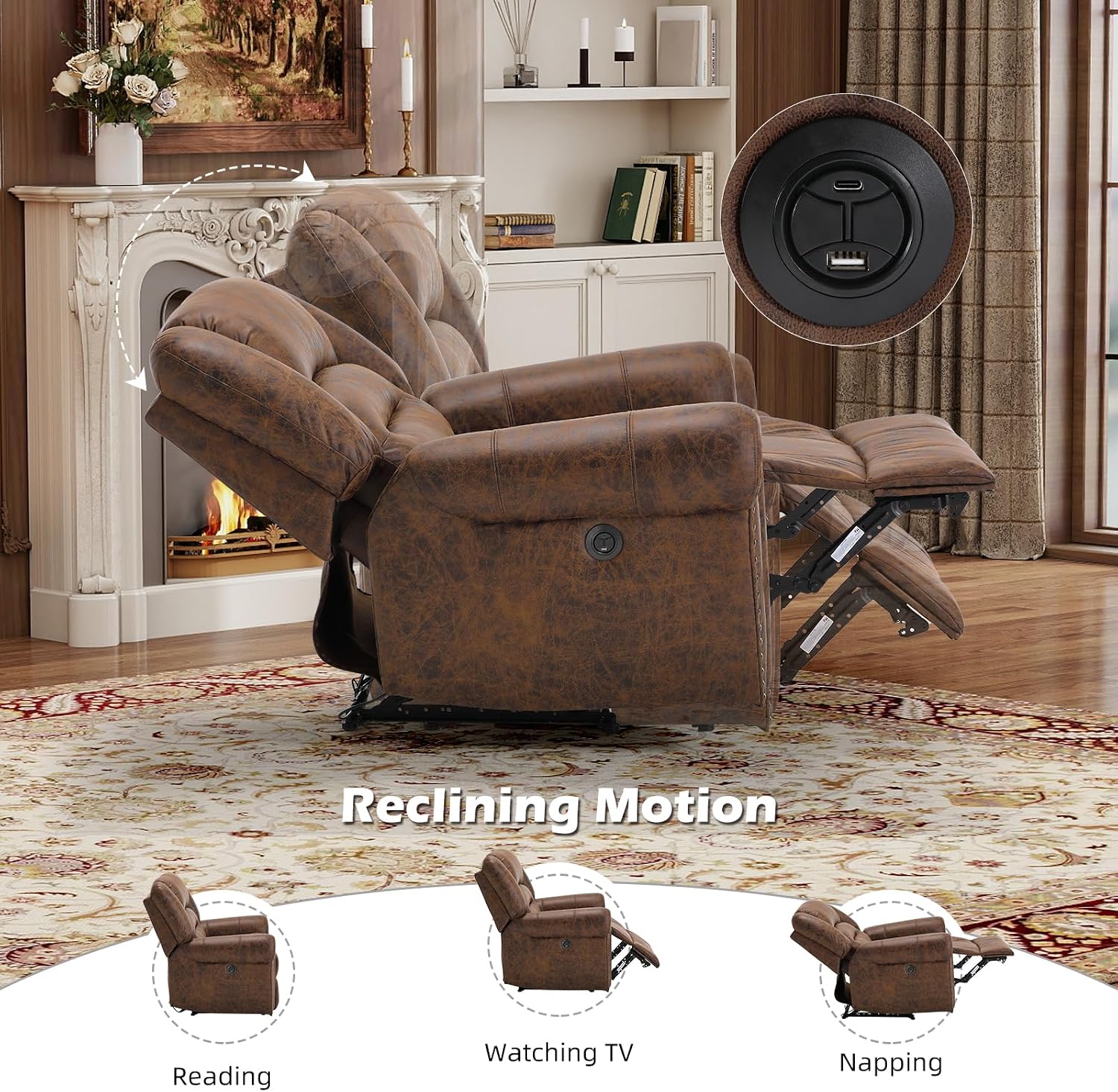 Bonzy Home Power Recliner Chair, Soft Faux Leather Recliner Chair with Thickened Padding and USB&Type-C Charging Ports, Classic Heavy Duty Single Reclining Sofa for Living Room, Nut Brown