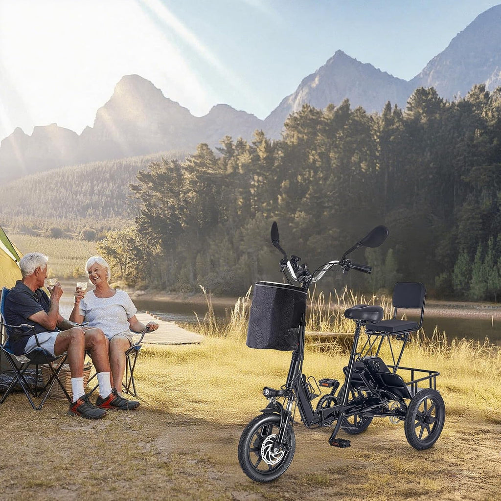 E Trike Electric Bike, 350W(Peak 500W) Brushless Motor Folding Trike, 2 Seats Ebike, 480Wh Removable Battery, Step-Thru 3 Wheel Electric Bicycle, Up to 45 Miles, Tricycle for Adults Parents
