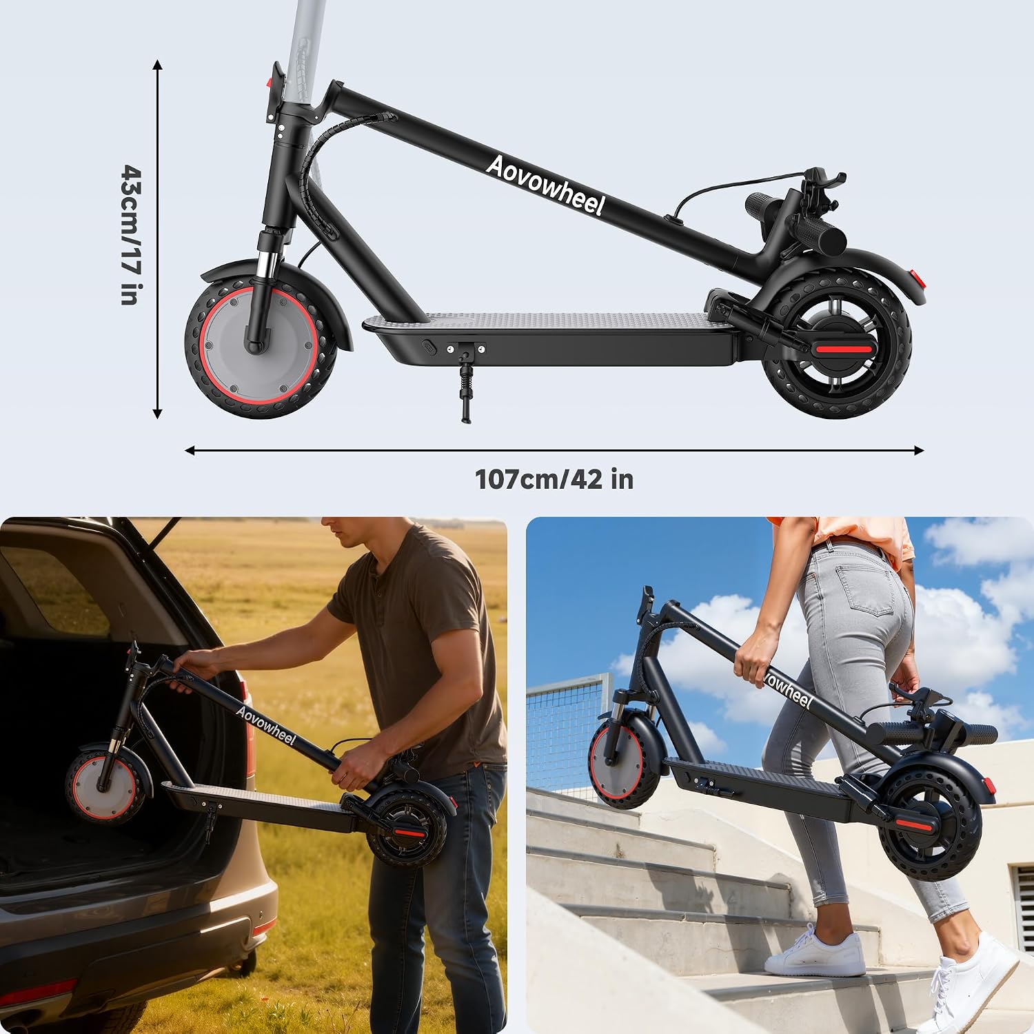 Aovowheel Electric Scooter for Adults, Folding E Scooter with 250W-500W Motor 16-24 Mph Top Speed, Max 15-60Miles Long Range,6.5''/8.5''/10''/14'' Solid Tires Commuting Scooters, Dual Brakes