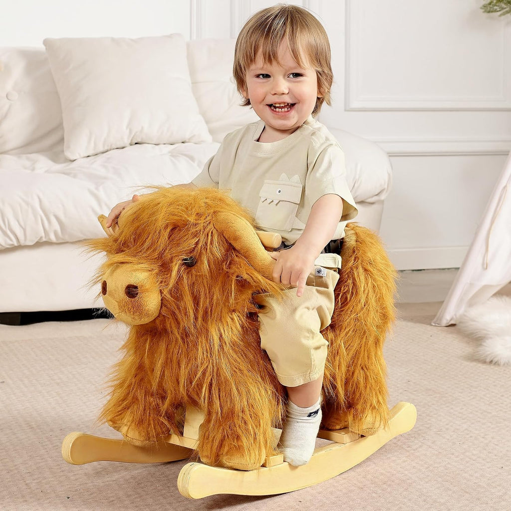 Baby Rocking Horse,Highlander Cattle Wooden Rocking Horse for Toddlers 1 Year Old Cute Cow Stuffed Plush Ride-on Toy Rocking Animal for Baby Boys and Girls Nursery/Child Christmas or Birthday Gift