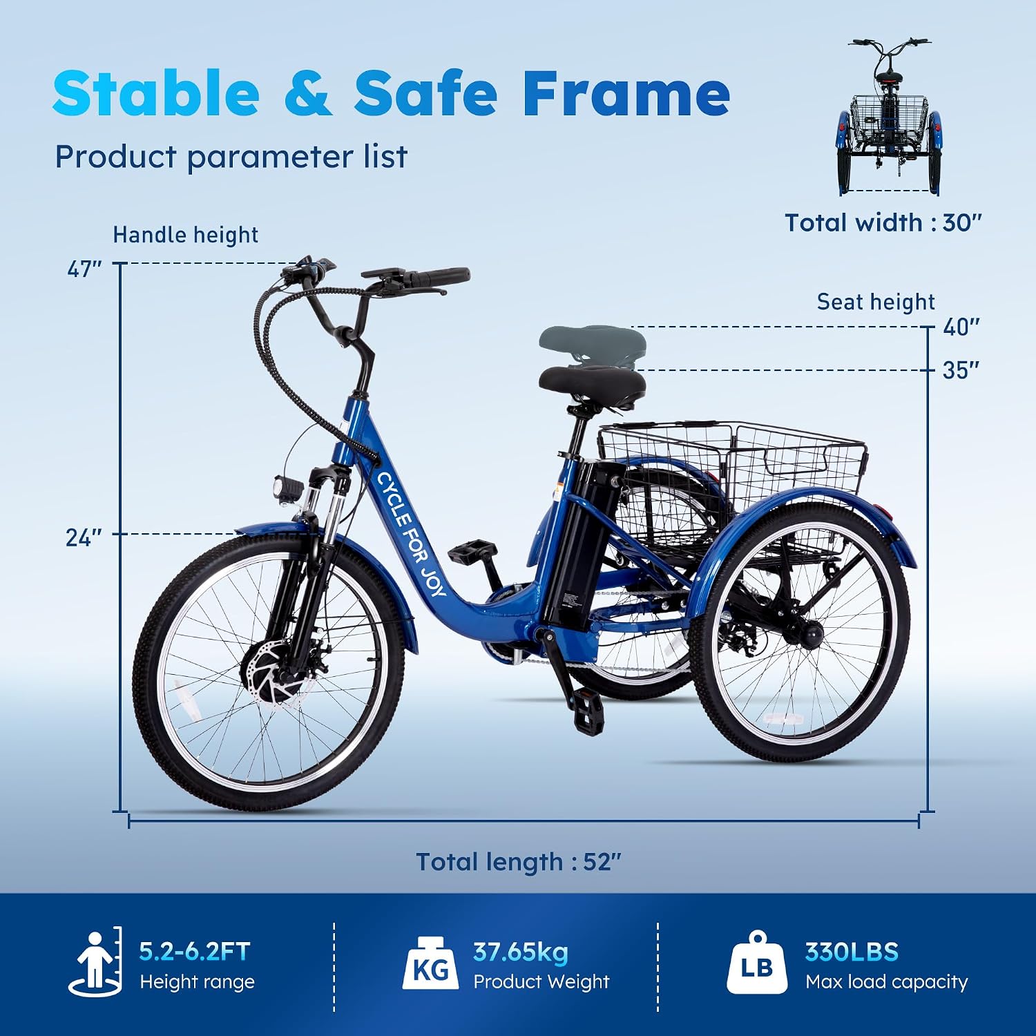 Electric Tricycle for Adults, 7-Speed Electric Trike with 48V 624WH Removable Battery, 70Miles Long Lasting Range in PAS 1, 18.6Mph Max, 3 Wheel Electric Bike, Dual Disc, 24'