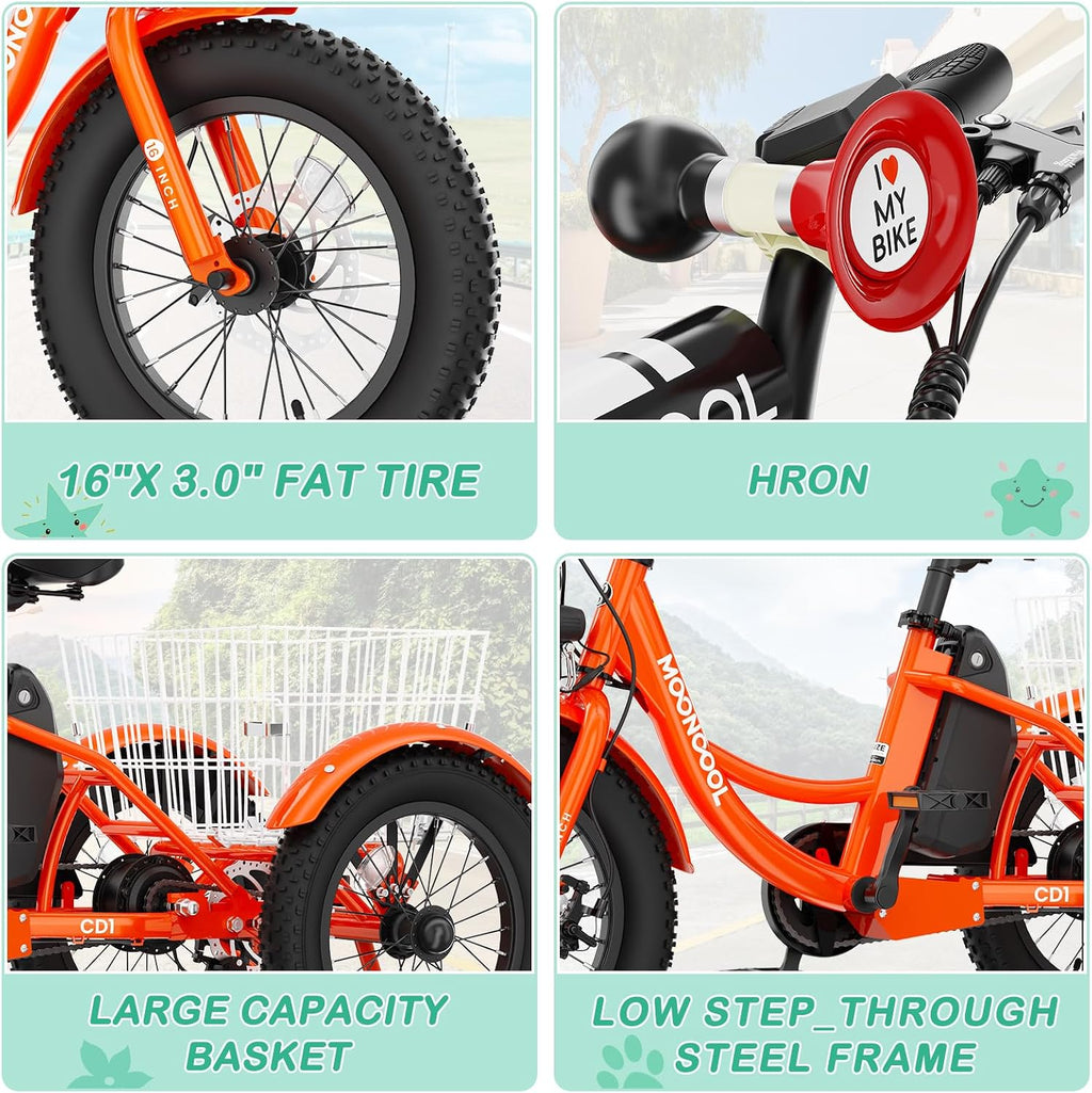 LILYPELLE Electric Tricycle for Youth, 250W Aluminum Frame Electric Tricycle Etrike, 16IN 3 Wheels Electric Bicycle Bikes, 3.0 Fat Tire Electric Trike with Removable Battery and Rear Basket