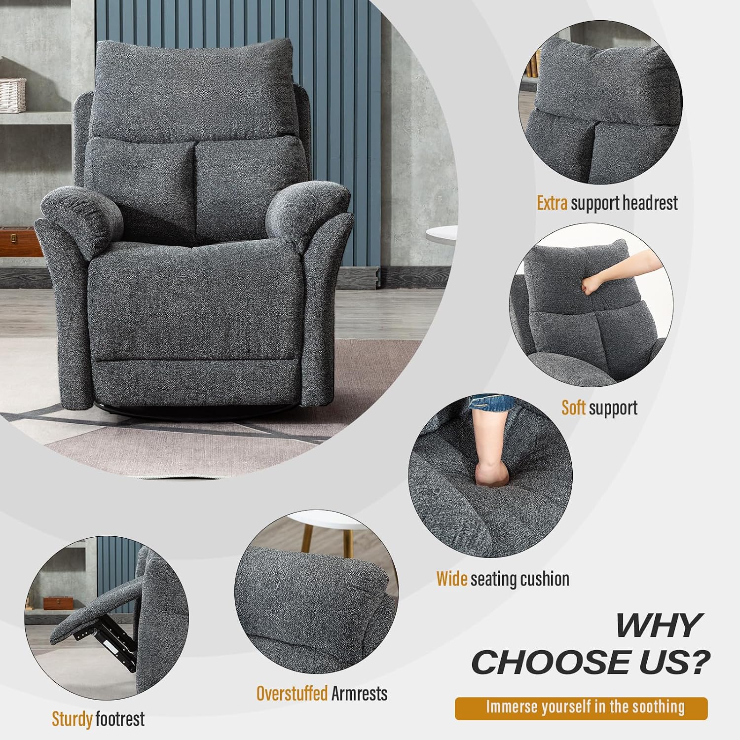 ANJ Swivel Rocker Recliner Chair Nursery Manual Glider Rocking Recliner Chairs for Adults, Fabric Rocking Chair Nursery, 360° Swivel Lazy Boy Recliner Chairs for Living Room, rv, Smoky Grey