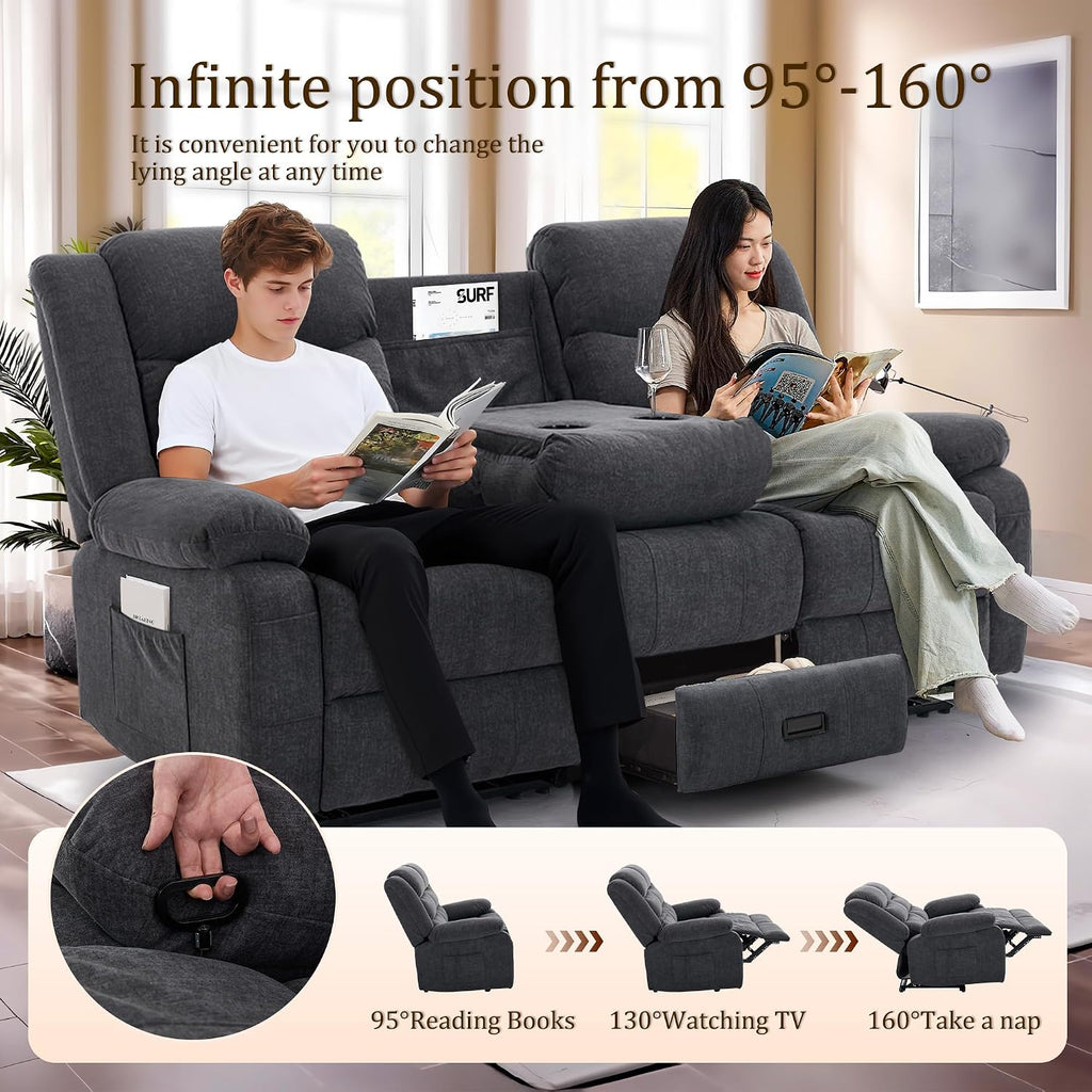 Korser Recliner Sofa, Reclining Loveseat with Console, Oversized Reclining Couch with Drop Down Table, 3-Seater Sofa with Cup Holder and Recessed Power Strip, Grey