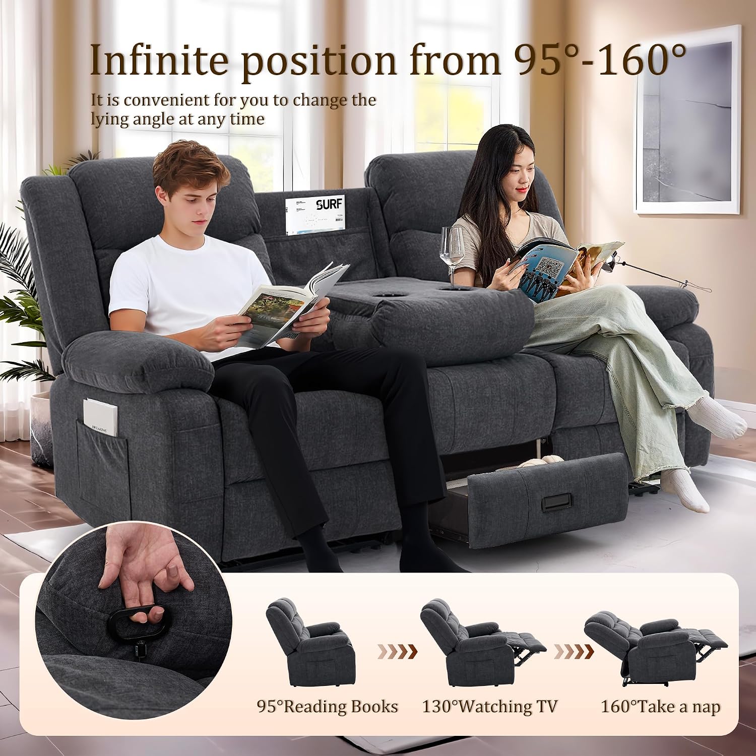 Korser Recliner Sofa, Reclining Loveseat with Console, Oversized Reclining Couch with Drop Down Table, 3-Seater Sofa with Cup Holder and Recessed Power Strip, Grey