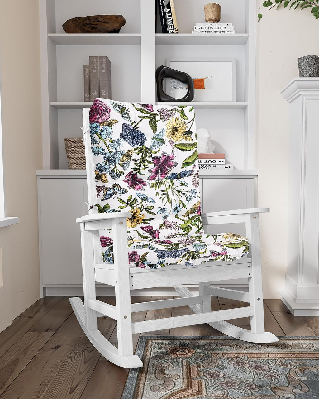 SERWALL SEWALL Oversized Outdoor Rocking Chair with Cushion, Patio Rocking Chairs for Porch, White HDPR Rocker+Flower Cushion