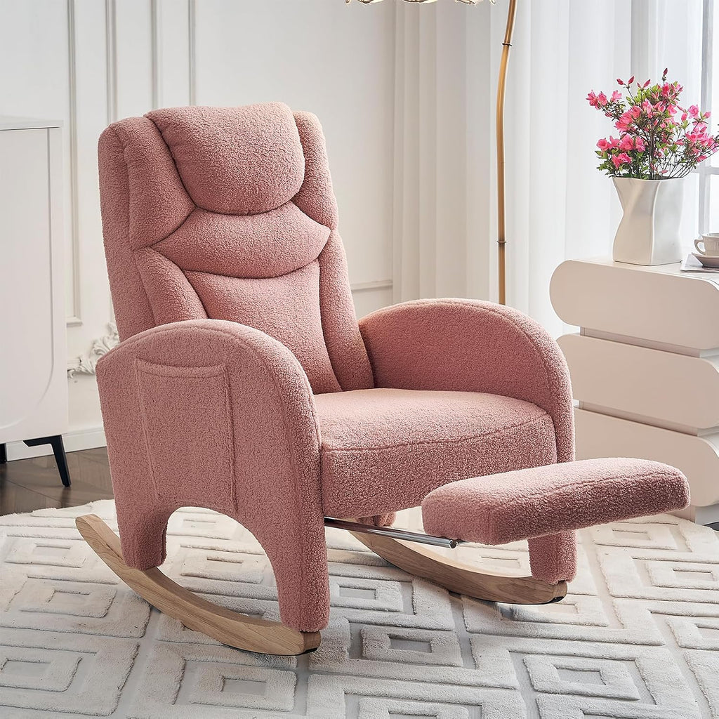 Rocking Chair Nursery with Foot Rest,Upholstered Teddy Glider Rocker with Wood Legs, Nursing Rocking Chair for Living Room/Nursery,Pink
