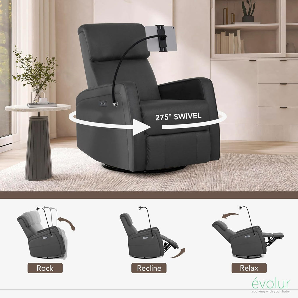 Evolur Maverick Upholstered Power Glider Recliner with Device Holder – Swivel, Rocking & Smooth Power Recline – Greenguard Gold & FSC Certified, Modern Nursery and Living Room Chair in Tempered Grey