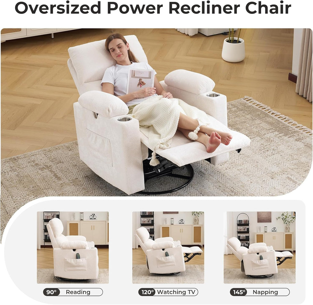 Rocking Chair Nursery with Adjustable Armrests, Electric Glider Recliner Nursing Chair for Breastfeeding, Power Swivel Recliner Chairs with Massage and Heat, Adjustable Headrest , FSC Certified, White