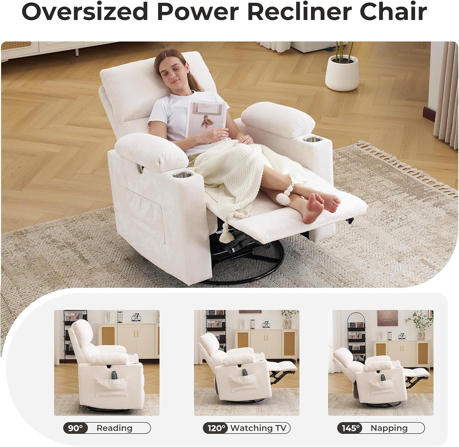 Rocking Chair Nursery with Adjustable Armrests, Electric Glider Recliner Nursing Chair for Breastfeeding, Power Swivel Recliner Chairs with Massage and Heat, Adjustable Headrest , FSC Certified, White