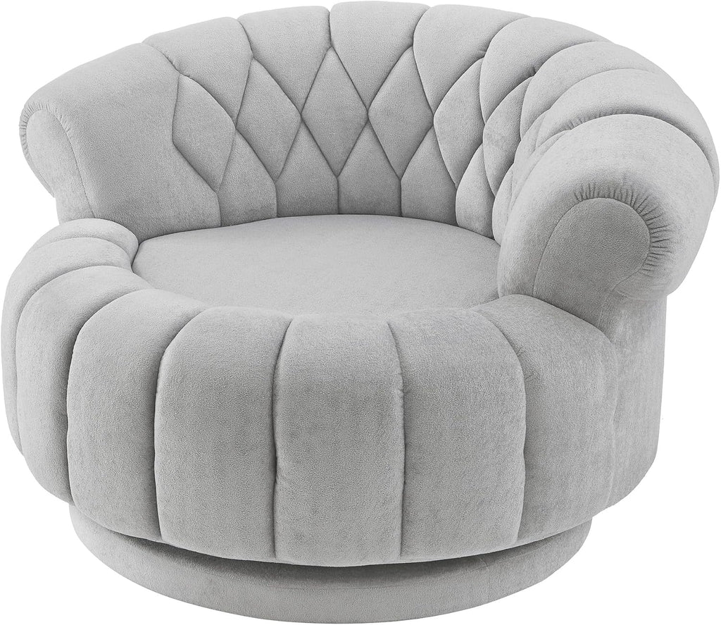 360° Swivel Accent Chair, Chenille Fabric Barrel Swivel Chair Round Club Chair with Curved Armrests & Thick Cushioning, Stylish Channel-Tufted & Diamond-Quilted Backrest for Living Room (Gray,02)