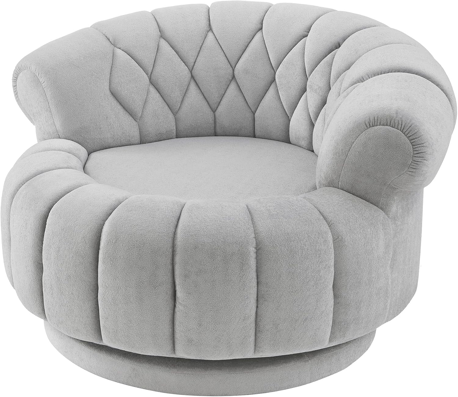 360° Swivel Accent Chair, Chenille Fabric Barrel Swivel Chair Round Club Chair with Curved Armrests & Thick Cushioning, Stylish Channel-Tufted & Diamond-Quilted Backrest for Living Room (Gray,02)