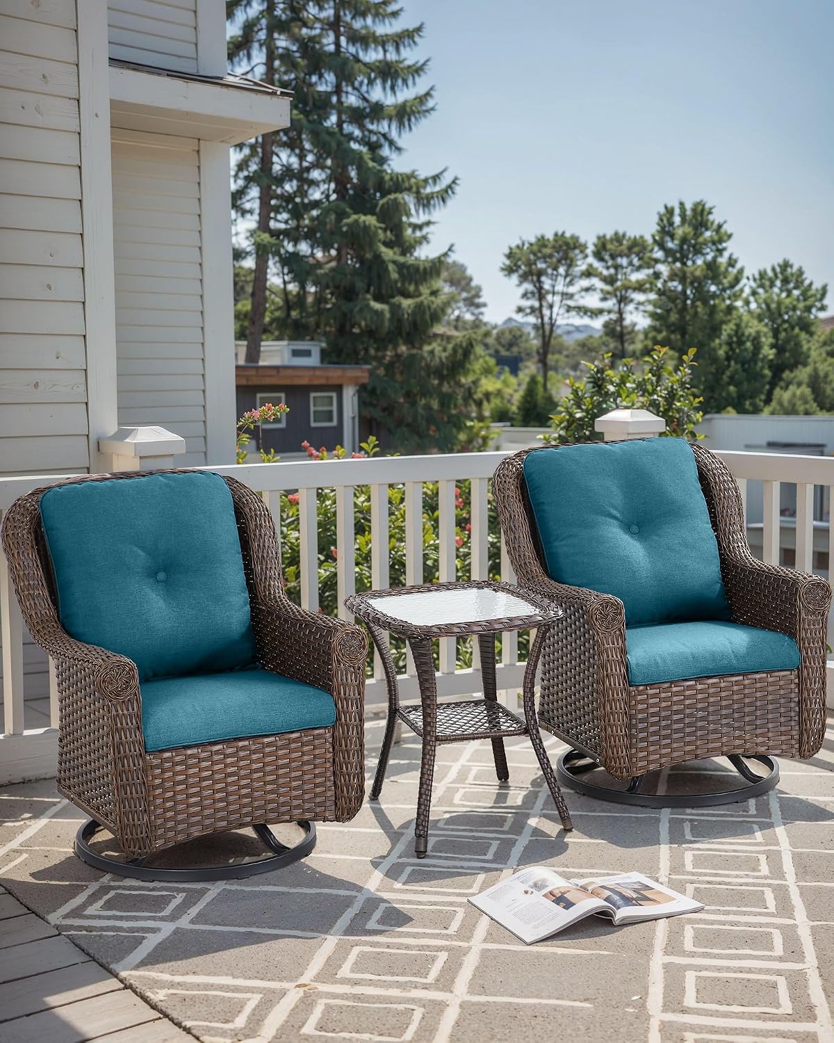 Patio Chairs Outdoor Swivel Glider - Set of 2 High Back Outside Brown Wicker Rattan Rocking Chair with Zippered Cushion for Porch Apartment Deck Yard Poolside Garden - Peacock Blue