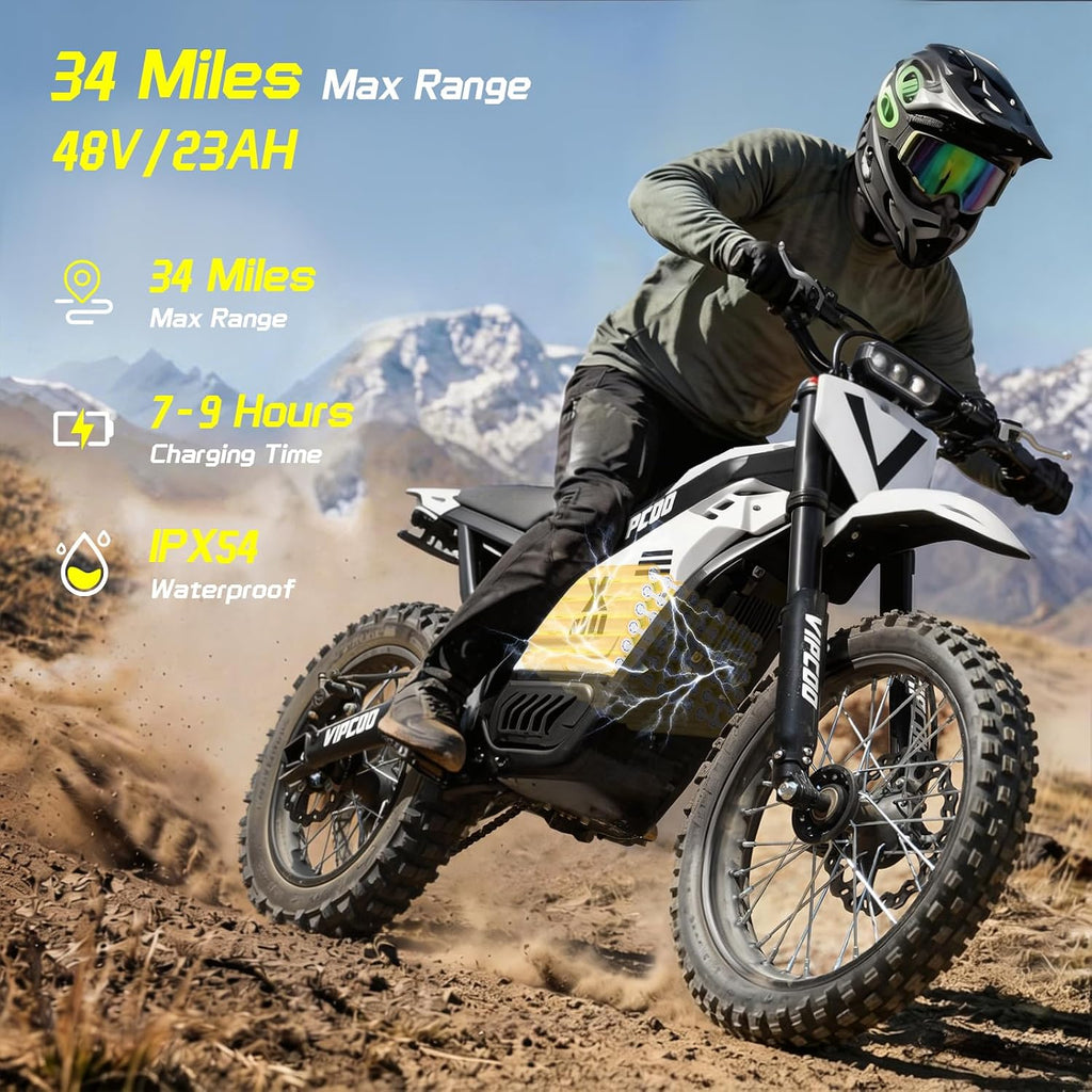 3500W Electric Dirt Bike for Teens Kids,VIPCOO H2 Electric Motorcycle for Adults,25° Slope,48V/23Ah Battery,14'/12' Off Road Tire,Dual Hydraulic Brakes & Full Suspension Fit Age 13+