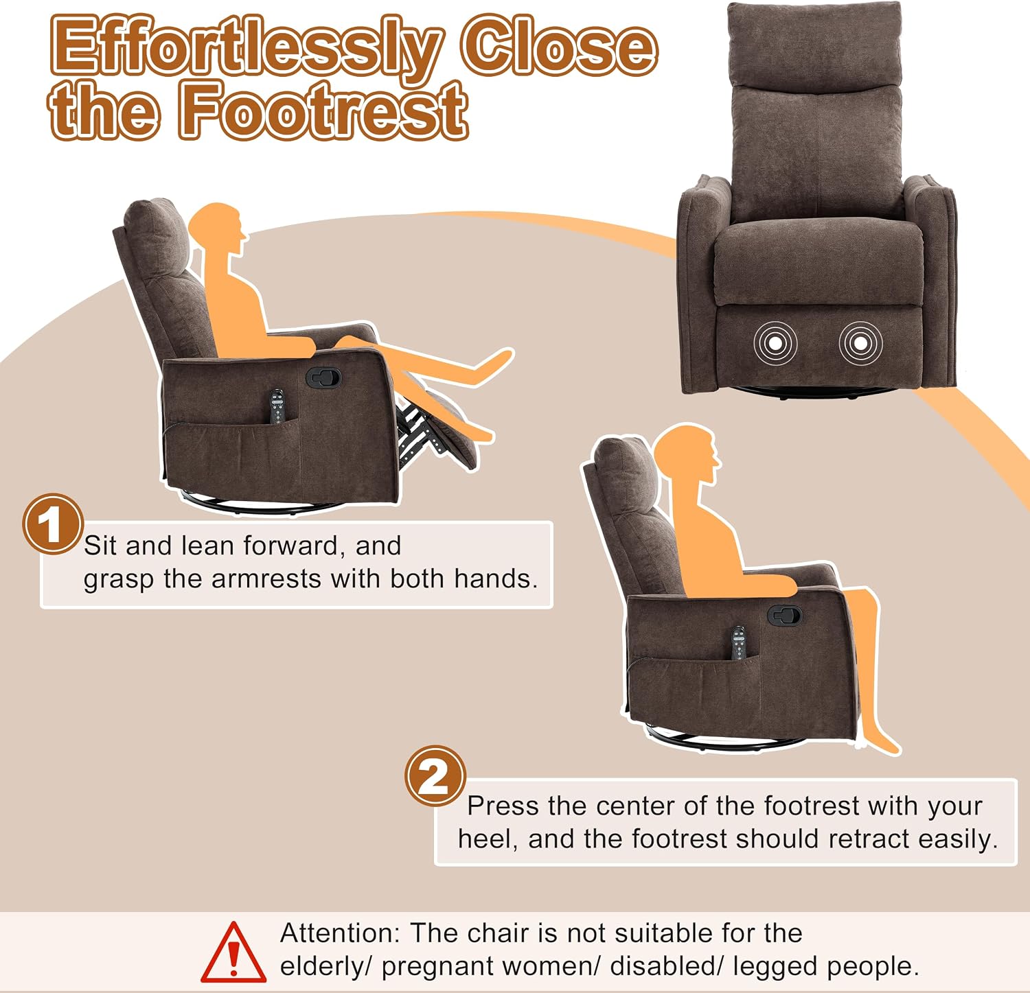 Manual 360° Swivel Rocker Recliner Chair for Adults, Overstuffed Glider Chair for Nursery with Vibration Massage & Heat, Comfy Soft Fabric Recliner Chair with Side Pockets for Living Room, Brown