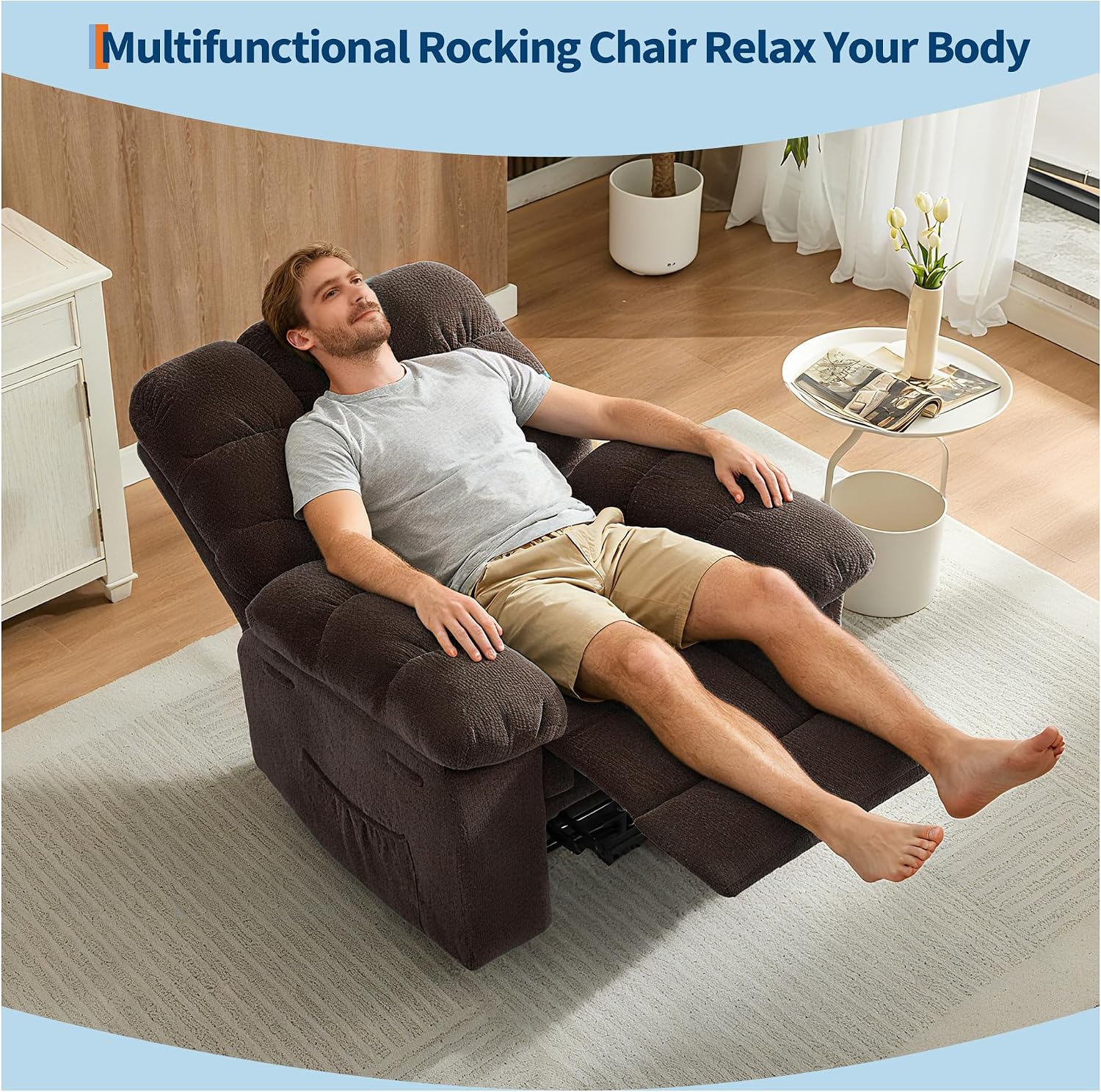 Manual Recliner Chair for Living Room, Overstuffed Fabric Reclining Sofa with Side Pockets, Ergonomic Upholstered Lazy Chair with Q235 Steel Frame for Adults (Brown)