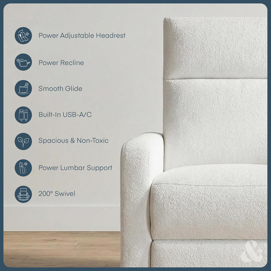 Nurture& The Glider Plus - Premium Nursery Power Recliner | Swivel Chair with Adjustable Head Support and Adjustable Lumbar Support | Built-in USB - The Ultimate Comfort for Nursing, Relaxing (Boucle)
