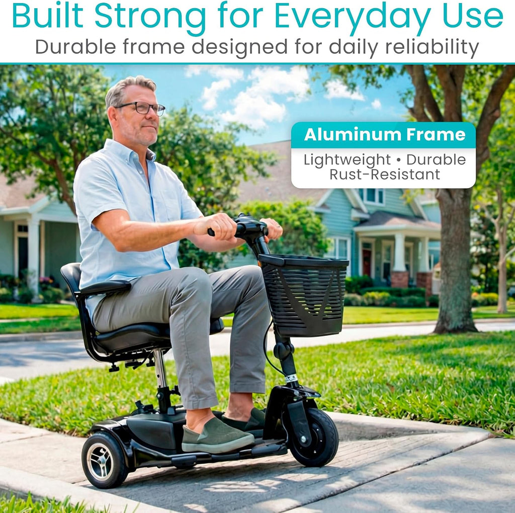 Vive 3 Wheel Mobility Scooter - Electric Powered Mobile Wheelchair Device for Adults - Folding, Collapsible and Compact for Travel - Long Range Power Extended Battery with Charger and Basket Included