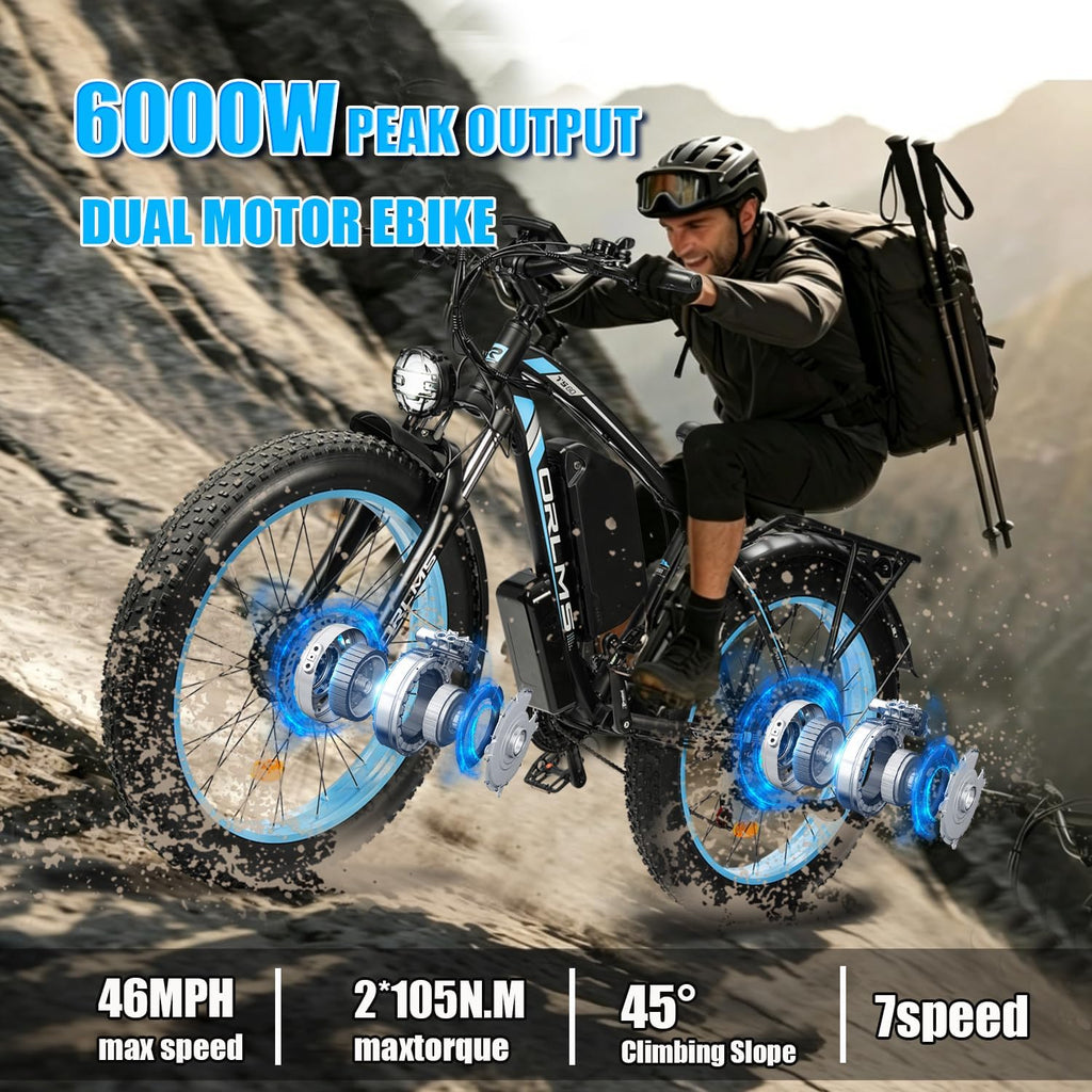 6000W Peak Dual Motor Electric Bike for Adults, 60V 25AH Battery, 45MPH & 100 Miles Range,21-Speed Full Suspension, 26' x 4.0' Fat Tire Off-Road E-Bike for All Terrain Snow Sand