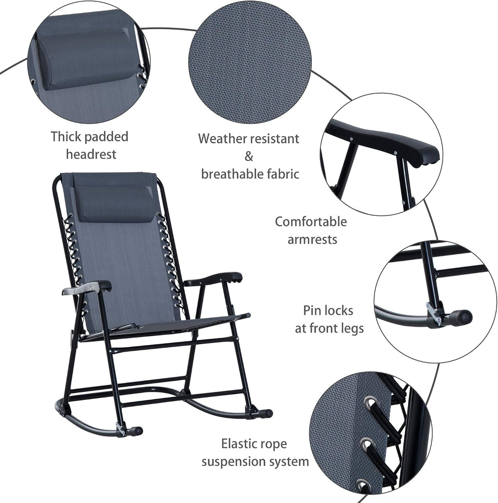 Outsunny 3 Piece Outdoor Rocking Bistro Set, Patio Folding Chair Table Set with Glass Coffee Table for Yard, Patio, Deck, Backyard, Grey