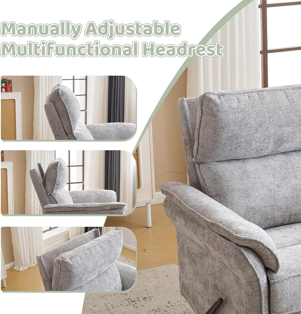 Oversized Swivel Rocker Recliner with Adjustable Headrest, Rocking Chair Nursery with Overstuffed Armrest, Manual Rocker Recliner Nursery Chair for Living Room,Light Grey