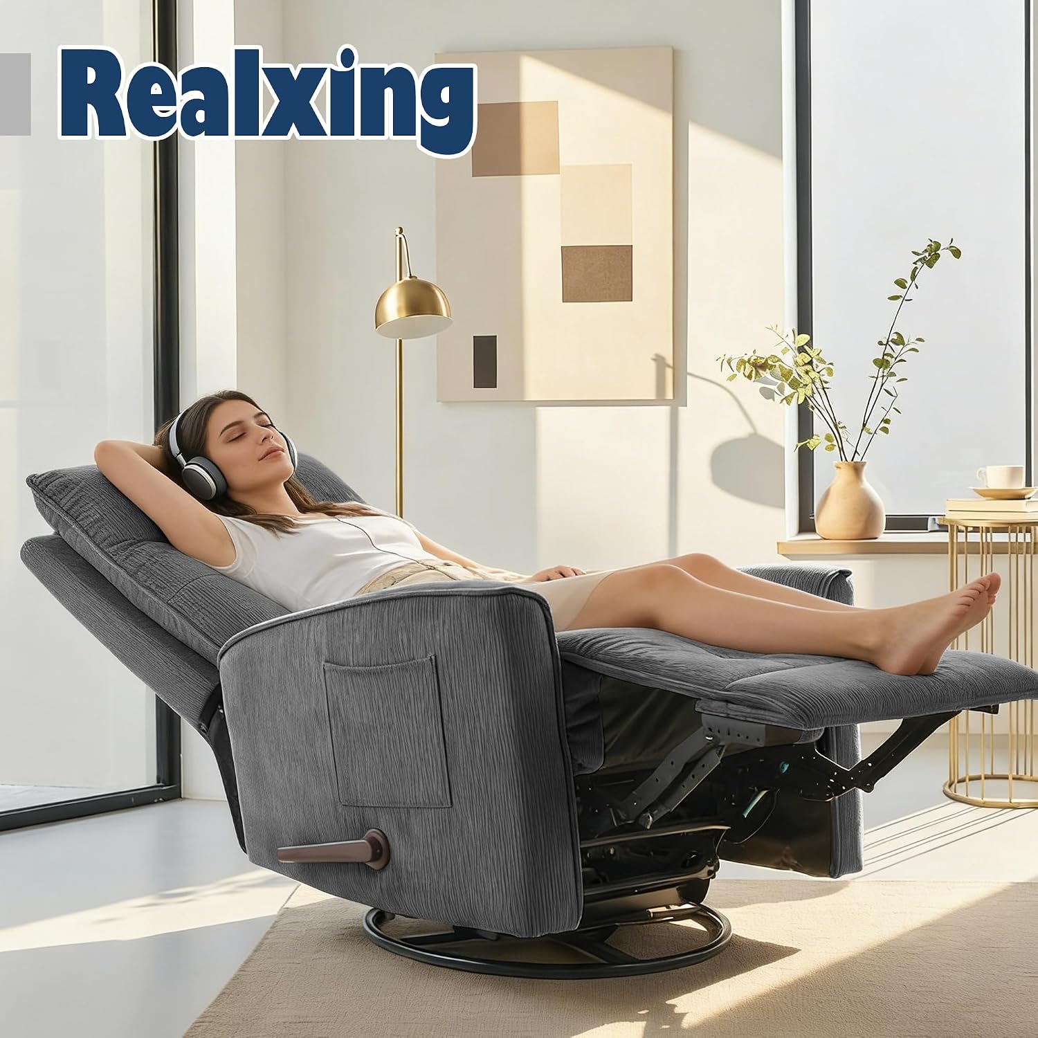 Manual Rocker Recliner Chair Nursery Glider Chair for Adult with High Back&Deep Seat Swivel Rocking Recliner Chair for Living Room Bedroom RV Nursing Grey
