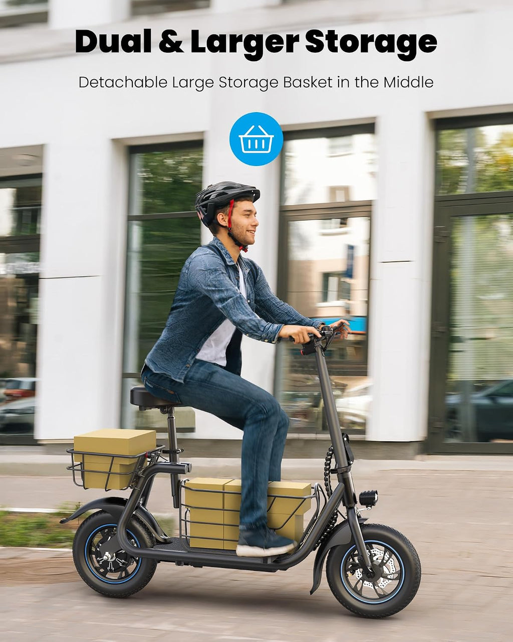 Gyroshoes C1S Electric Scooter for Adults with Seat & Large Basket, 550W Motor, 20 Mile Range, 19MPH, Foldable E-Scooter for Commuting, Pets Dog, Grocery Shopping