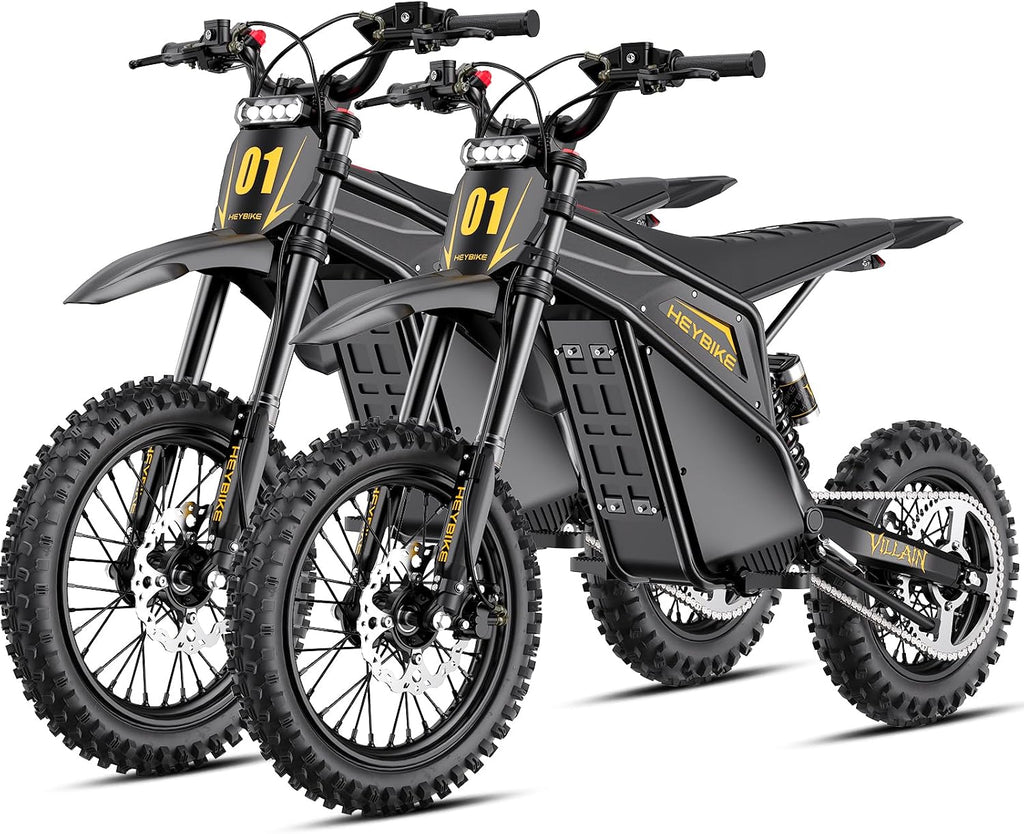 Heybike Villain Electric Dirt Bike, 4160W E Dirt Bike with 52V 26AH Battery, 14'/12' Fat Tire Electric Motorcycle for Teens, Max 45MPH Ebike with Reversing Function（Set of 2; Black*2）