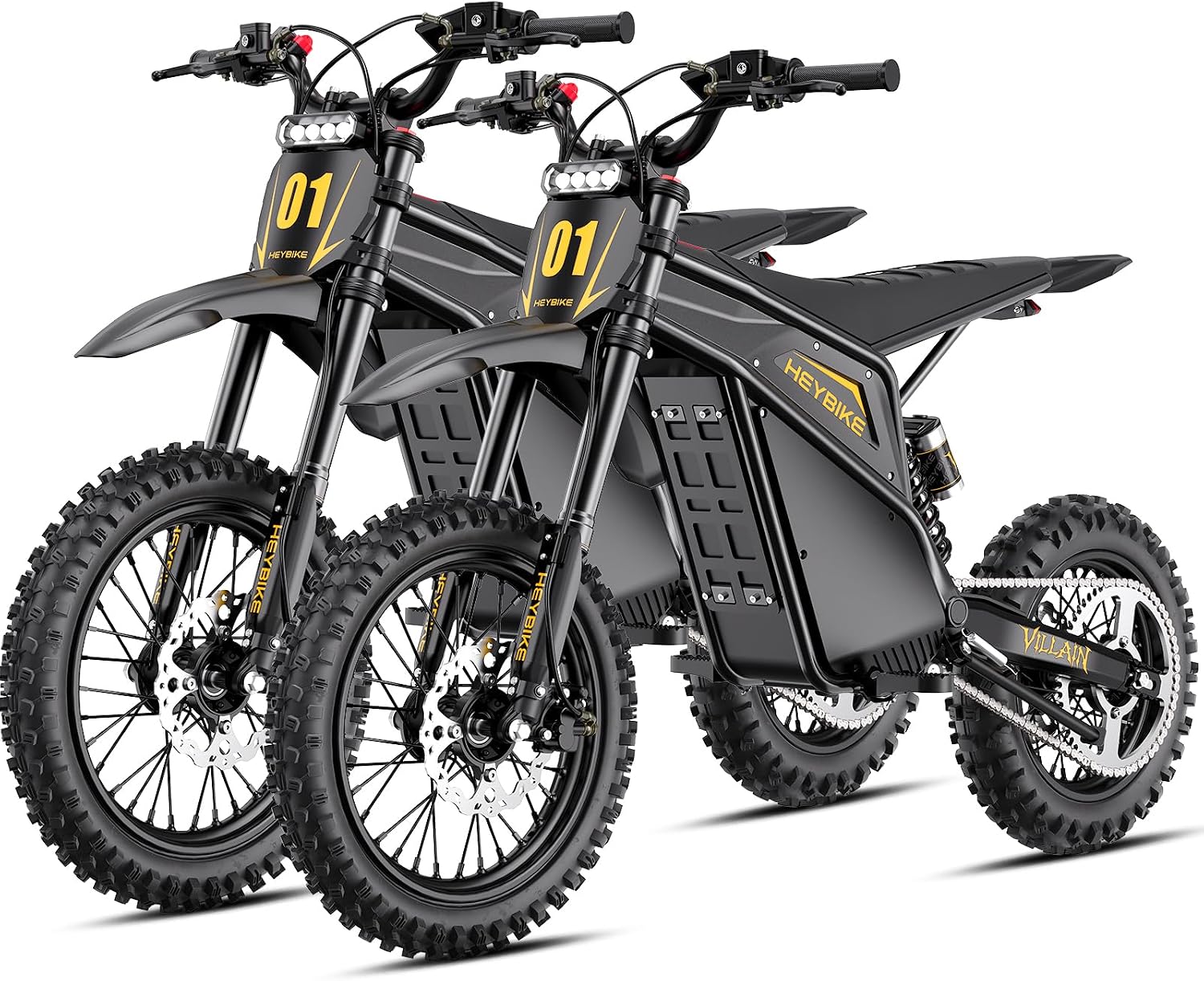 Heybike Villain Electric Dirt Bike, 4160W E Dirt Bike with 52V 26AH Battery, 14'/12' Fat Tire Electric Motorcycle for Teens, Max 45MPH Ebike with Reversing Function（Set of 2; Black*2）