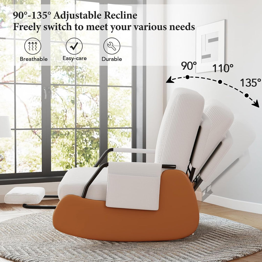 Furniliving Modern Glider Rocking Chair, Upholstered Nursery Glider Chair with Adjustable Recline & Retractable Footrest, Comfortable Lounge Chair for Mom Nursery Living Room Bedroom White